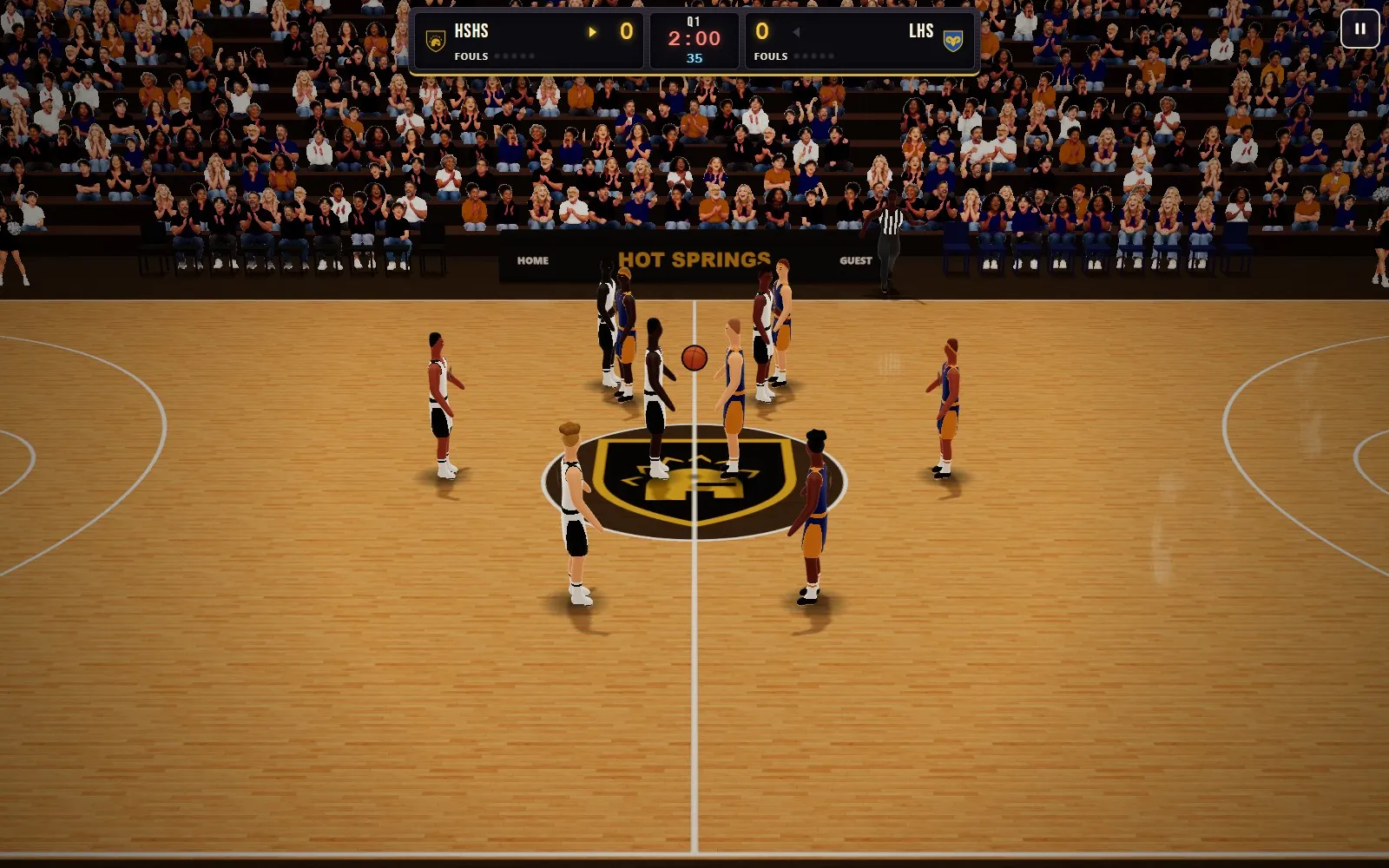 A 3D high-school gym with players on the court in Spa City Hoops