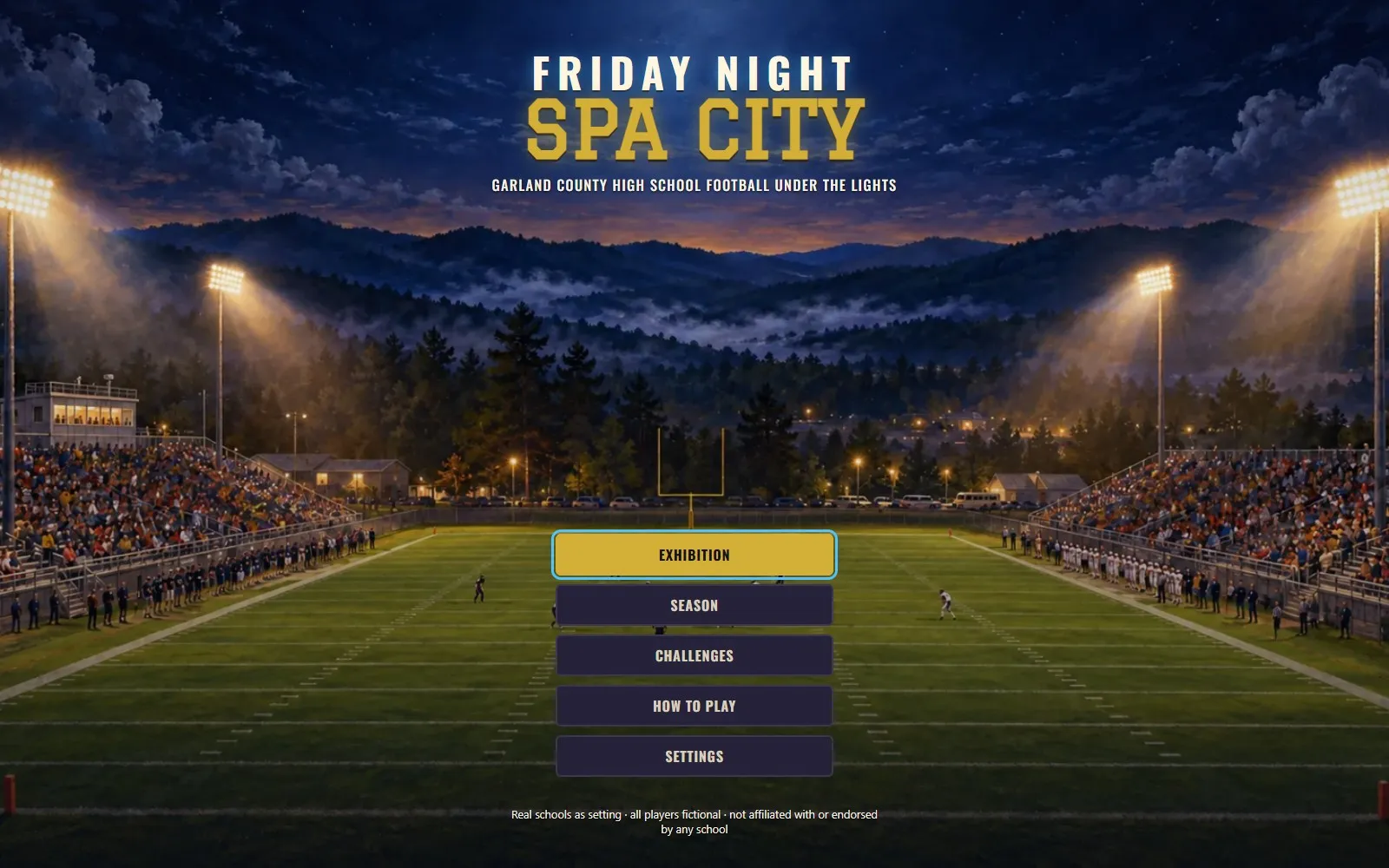 A 3D high-school football stadium under Friday-night lights