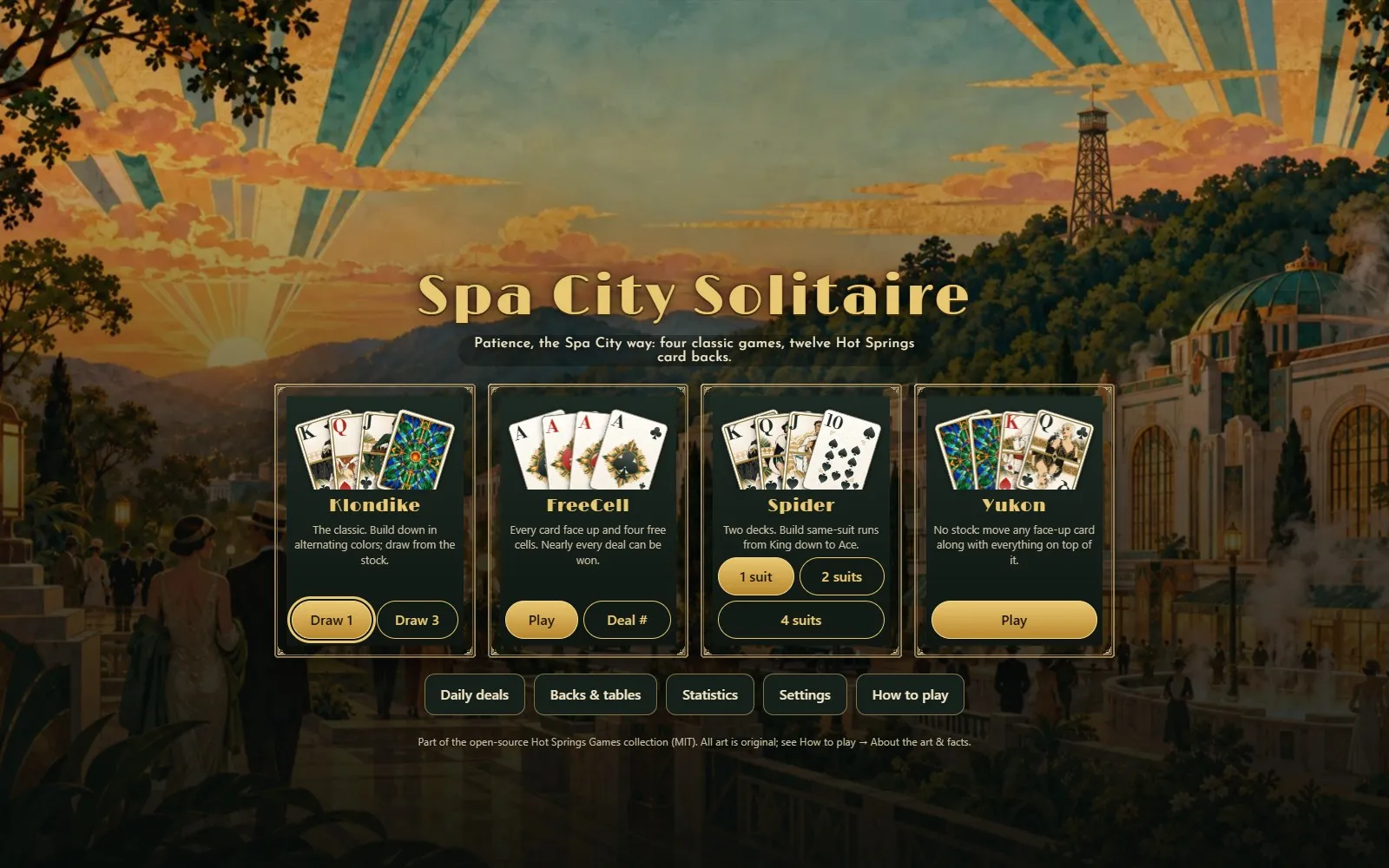 A Klondike deal of Spa City Solitaire on a lit card table, with Art Deco court cards