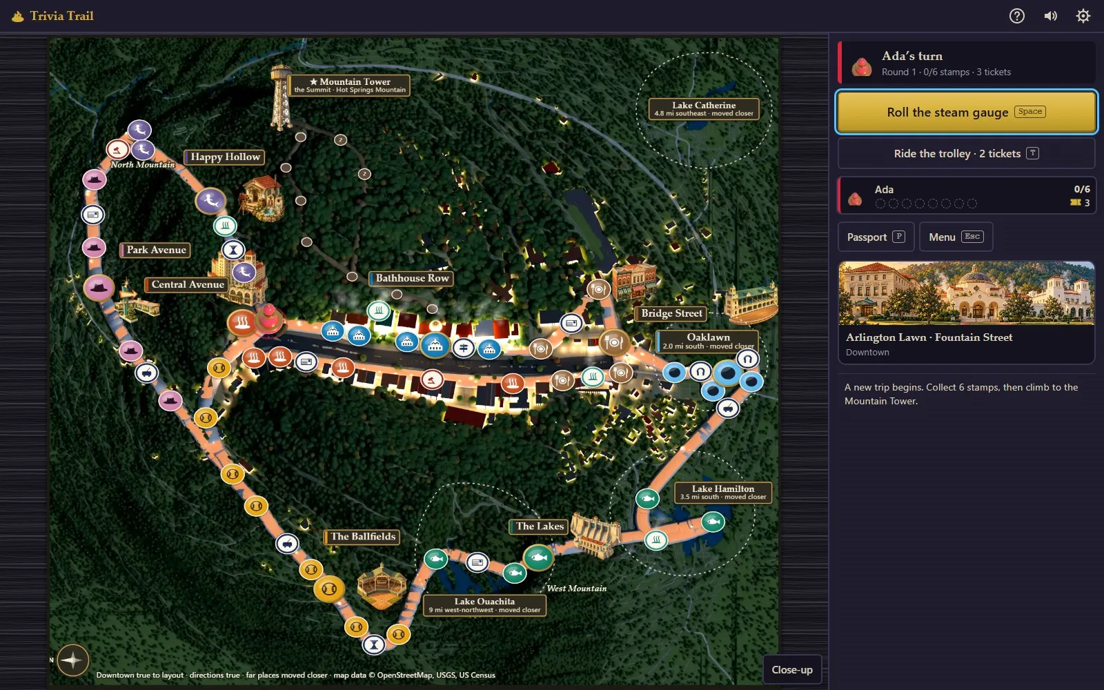 The Trivia Trail board: a diorama of the Hot Springs valley with landmark spaces